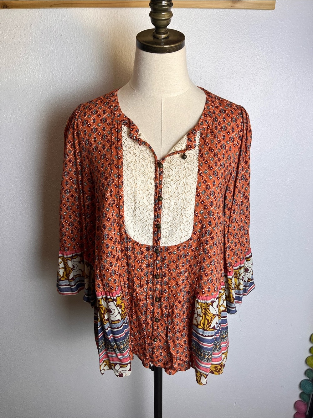 Maeve Anthropologie Orange Printed Blouse with Lace Bib